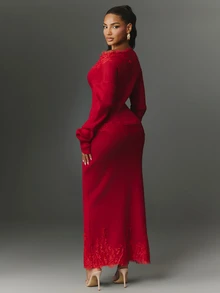 NYA SZN Knit Skirt Off Shoulder Lace Trim Fringe Fitted Sexy Everyday Going Out Special Occasion Elegant Holiday Festival Church Work Chic Red Fall Winter - Burgundy - View 7