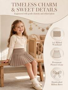 Girls Cute Bow Knitted Pleated Skirt, Versatile Sweet Daily Wear - Apricot - View 4