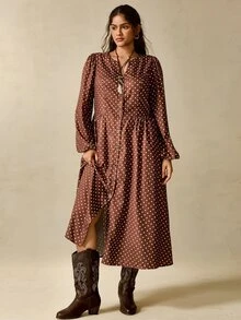 Nubod 女款大尺碼波點燈籠袖單排扣優雅連身裙 秋季 - 咖啡棕 - 查看 3