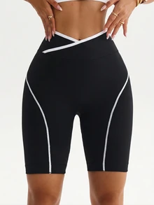 Dewbera Dewbera 1pc Women's Seamless Contrast Color Criss-Cross Waist Slimming Street Outdoor Training Cycling Base Layer Running Yoga 5-Inch Sports Shorts - Black and White - View 3