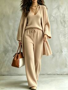 Omancia Women's Slouchy Solid Color Ribbed Knit 3 Pieces Set, Buttonless Long Sleeve Cardigan + V-Neck Camisole + Drawstring Wide Leg Pants, Casual Commute Home Wear - Multicolor - View 6