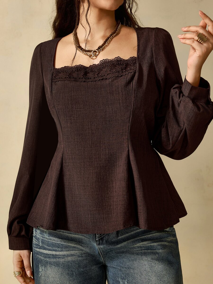 Nubod Blus Lengan Panjang Gaya Prancis Elegan Berkerah Persegi Warna Cokelat Ukuran Besar dengan Hiasan Renda dan Patchwork, Cocok untuk Komuter Kelas Atas. - Coffee Brown - View 1