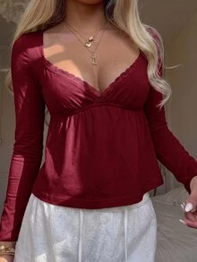 CovetEZ 女款甜美法式風格蕾絲拼接長袖T恤 - 酒紅色 - 查看 9