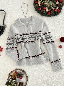 Dulcita Women's Autumn/Winter Half-Zip Small Lapel Collar Contrast Color Long Sleeve Loose Fit Knit Sweater - Light Grey - View 7