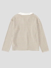 SHEIN 青少年女孩秋季新款休閒極簡針織紋理條紋POLO領寬鬆長袖T恤與長褲套裝 - 卡其色 - 查看 5