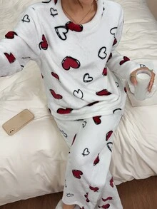 Napfluff Women's Autumn/Winter Plush Heart Print Crew Neck Long Sleeve Long Pants Pajama Set - White - View 4