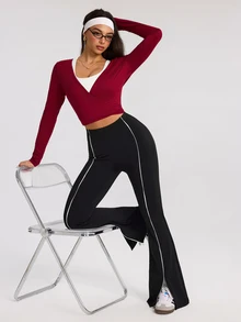 Eassivo Eassivo Women's Striped Colorblock Fashion Flared Sports Pants With Thermal Lining - Black - View 7