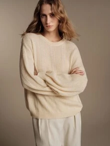 Anewsta Essential Autumn/Winter Soft Nordic Round Neck Drop Shoulder Loose Beige Fuzzy Knit Sweater - White - View 5