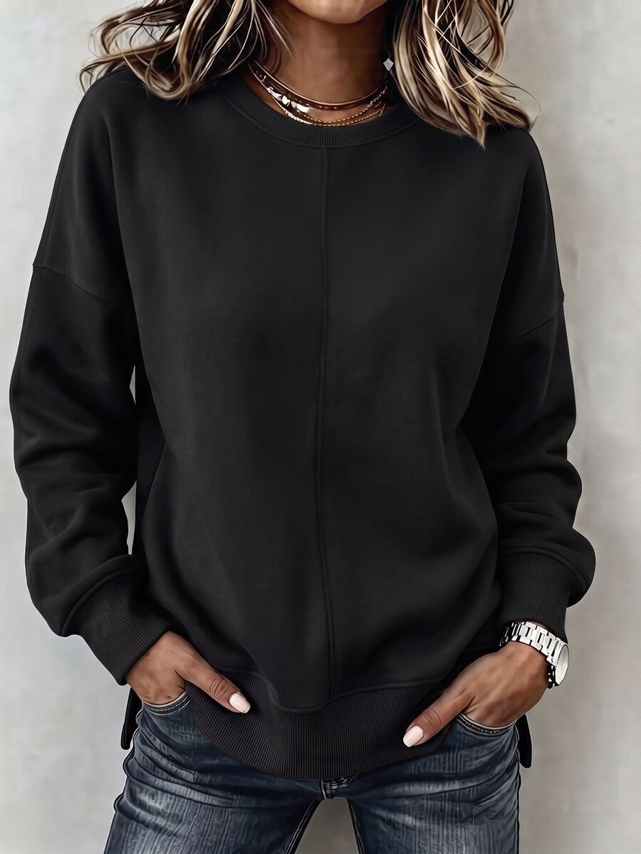 Balvessa Women's Solid Color Minimalist Versatile Long Sleeve Sweatshirt For Daily Wear - Black - View 1