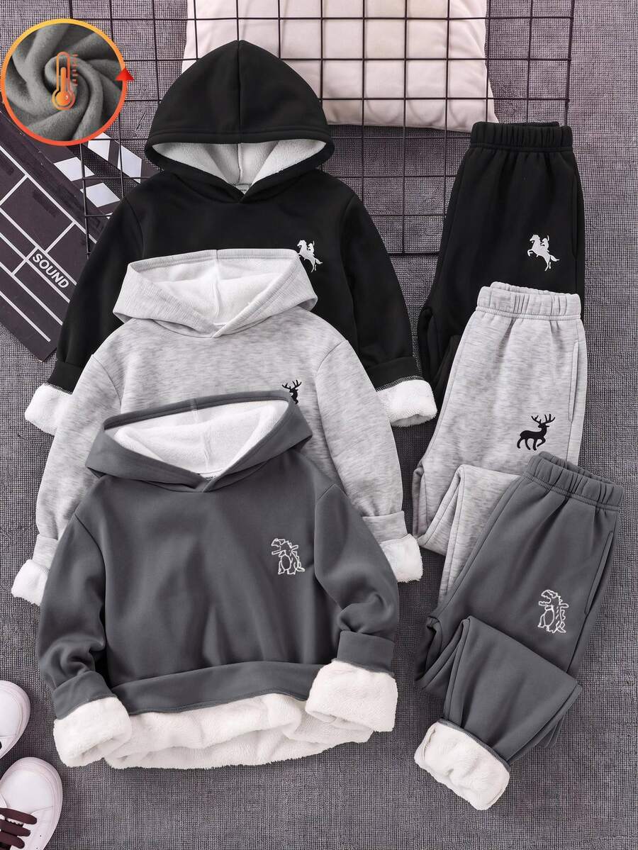 SHEIN 3件組買2送1兒童青少年男孩休閒百搭保暖內裡加厚運動衫，黑色運動衫、深灰色運動衫、麻灰運動衫，百搭上衣，適合秋冬、學校、運動、秋季穿搭、冬季穿搭 - 彩色 - 查看 1