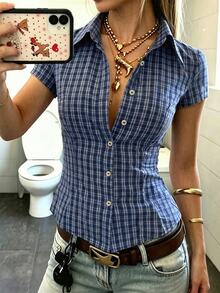 IslaSuriya Women's Plaid Short Sleeve Single-Breasted Casual Commute Shirt - Multicolor - View 3