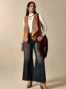 Nubod Plus Size Brown Suede Printed Lapel Sleeveless Bohemian Nomad Style Elegant Country Vest Jacket - Brown - View 2