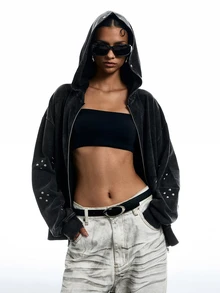 LYSMO Women's Solid Color Drop Shoulder Long Sleeve Zip-Up Casual Pocket Hooded Sweatshirt - Black - View 1