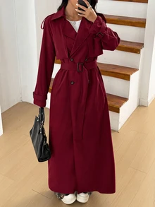 SHEIN EZwear 女款黑色編織長款休閒防風外套 秋冬款 - 酒紅色 - 查看 1