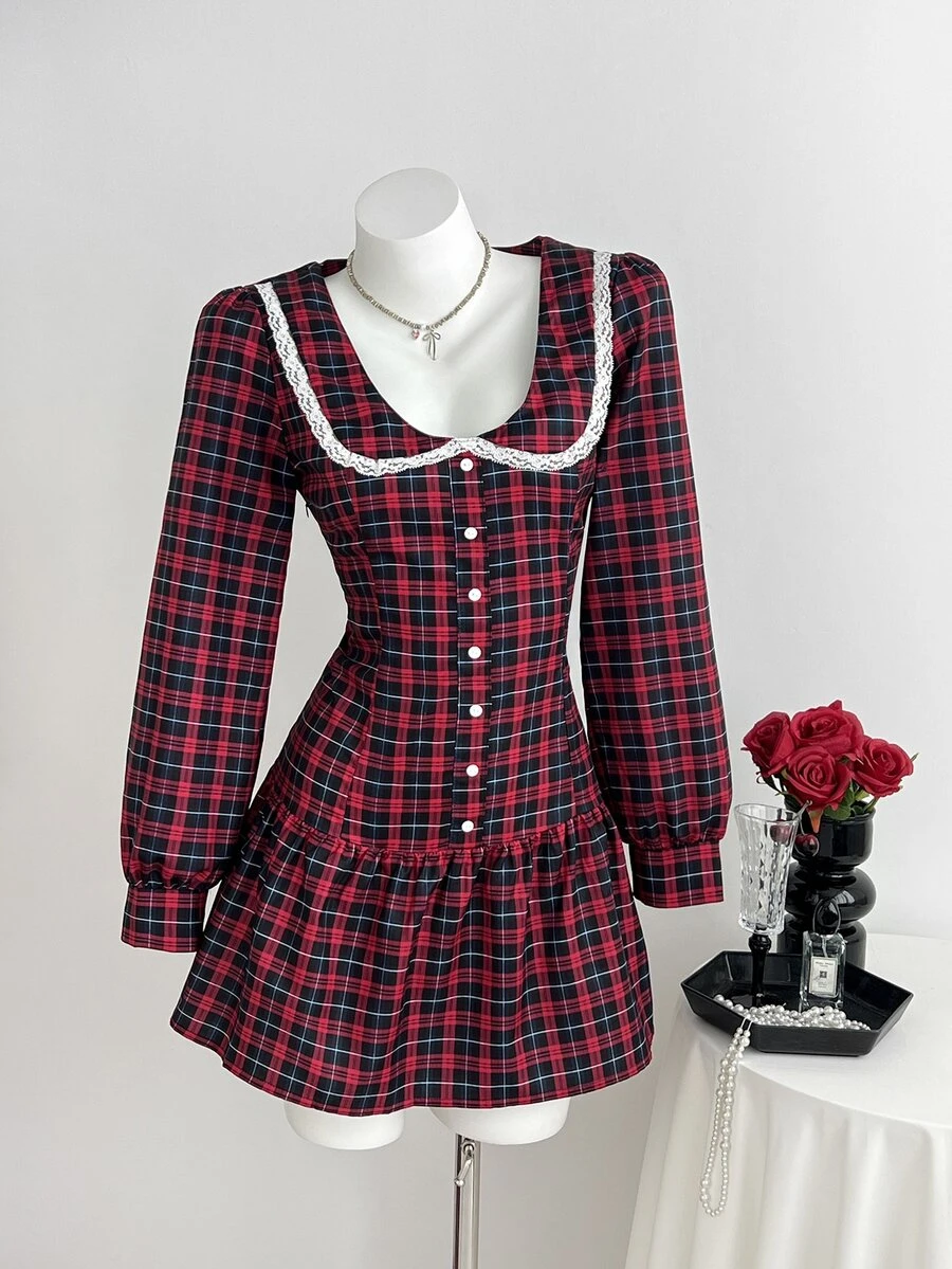 Elamini Women's Contrast Lace Plaid Peter Pan Collar Single-Breasted Ruffle Hem Cute Short Dress - Multicolor - View 1