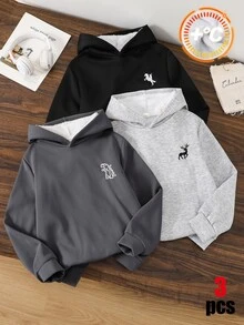 SHEIN 3件組買2送1兒童青少年男孩休閒百搭保暖內裡加厚運動衫，黑色運動衫、深灰色運動衫、麻灰運動衫，百搭上衣，適合秋冬、學校、運動、秋季穿搭、冬季穿搭 - 彩色 - 查看 4