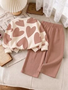 2pcs Baby Girls Casual Fashion Sweet Cute Heart Pattern LOVE Print Crew Neck Long Sleeve Fleece Sweatshirt Pullover And Matching Wide Leg Sweatpants Set, Suitable For Autumn/Winter Wear - Multicolor - View 2
