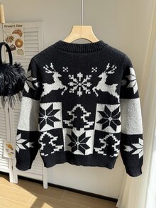1pc Tween Girls Kids Toddler Casual Christmas Reindeer Snowflake Tree Knitted Long Sleeve Soft Thick Sweaters Pull Jumpers Fall Tops Holiday Fall Winter - Black - View 2