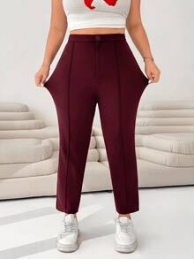 SHEIN EZwear 酒紅色女款大尺碼針織短款緊身褲 - 酒紅色 - 查看 1