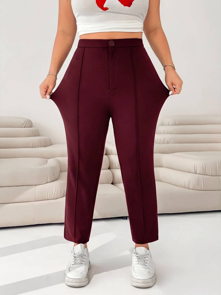 SHEIN EZwear 酒紅色女款大尺碼針織短款緊身褲 - 酒紅色 - 查看 1