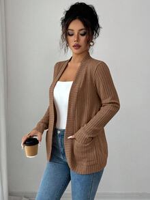 SHEIN PETITE 女款休閒羅紋刷毛開襟側口袋短版薄款夾克 - 卡其色 - 查看 3