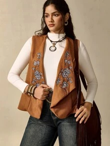 Nubod Plus Size Brown Suede Printed Lapel Sleeveless Bohemian Nomad Style Elegant Country Vest Jacket - Brown - View 4