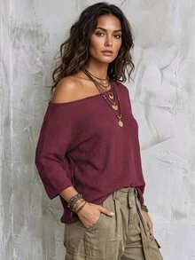 LUMIGAL Women's Loose Slouchy Waffle Knit Sweater With Asymmetric Shoulder Neckline, Raglan Dropped Shoulders And 5-Point Sleeves - Burgundy - View 5