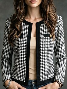 Louniche Elegant Casual Button Black & White Houndstooth Women's Jacket - Black and White - View 3