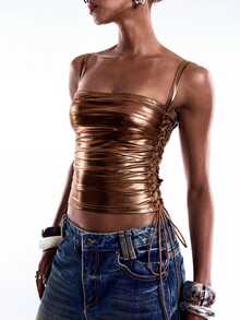 LYSMO Women's Metallic Texture Drawstring Tie Sexy Top - Brown - View 8