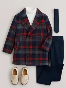 SHEIN 兒童青少年男孩休閒寬鬆連帽抓絨領格紋羊毛外套，適合通勤、上學、日常休閒外出與運動，秋冬款 - 紅色 - 查看 4