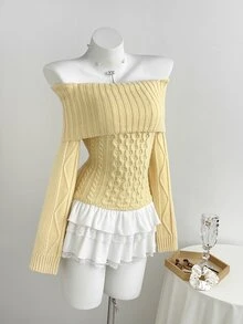 Elamini Women's Autumn/Winter Off-Shoulder Striped Cable Knit Large Collar Slim Fit Versatile Sweet Vibe Knit Sweater - Light Yellow - View 5