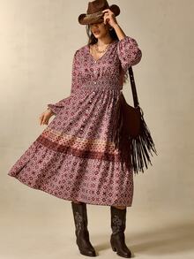 Nubod Plus Size Bohemian Style Cinched Waist Ruffle Full Skirt Dress Fall - Multicolor - View 5