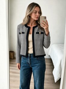 Louniche Elegant Casual Button Black & White Houndstooth Women's Jacket - Black and White - View 8