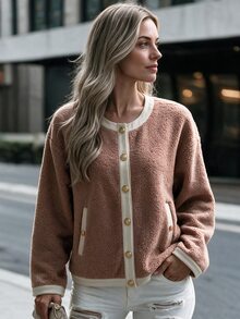 Louniche Women's Autumn/Winter Casual Slouchy Lambswool & Textured Fabric Patchwork Drop Shoulder Round Neck Regular Jacket, Suitable For Home, Outings, Walking And Shopping - Khaki - View 7