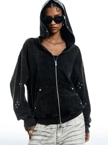 LYSMO Women's Solid Color Drop Shoulder Long Sleeve Zip-Up Casual Pocket Hooded Sweatshirt - Black - View 4
