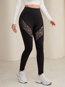Lacomfia 女款修身蕾絲拼接高彈性百搭優雅性感大尺碼黑色緊身褲 - 黑色 - 查看 4