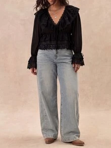 GalTyme Plus Size French Lace Tie-Up Ruffle Trim Blouse - Black - View 5