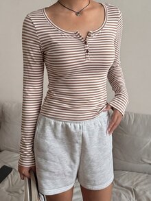 CovetEZ 女款棉混紡棕色條紋半拉鍊T恤，春/夏 - 棕色 - 查看 6