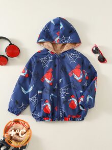 SHEIN 兒童小男孩 1 件冬季卡通印花保暖內裡連帽外套 度假可愛街頭 Y2K 生日派對返校萬聖節上衣 - 彩色 - 查看 4