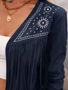 Brillora 女款時尚刺繡流蘇裝飾長袖街頭風夾克 - 藏蓝色 - 查看 5