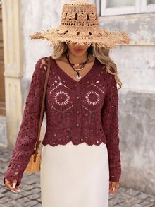 Brillora Women's Solid Color Hollow Out Casual Versatile Daily Wear Cardigan - Burgundy - View 2
