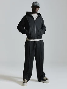 Musero Oversized Drop Shoulder Ribbed Insert Zip Through Hoodie Inserted Side Pockets Ribbed Sleeve Cuff Co Ord Hoddie Only Autum Winter Essentials - Black - View 1