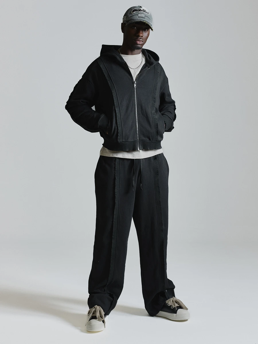 Musero Oversized Drop Shoulder Ribbed Insert Zip Through Hoodie Inserted Side Pockets Ribbed Sleeve Cuff Co Ord Hoddie Only Autum Winter Essentials - Black - View 1
