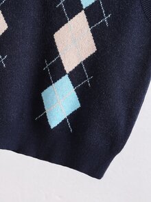 SHEIN Tween Girl) Cute Navy Blue Argyle Pattern Pullover Vest, Preppy Style, Autumn/Winter Outerwear, Fashion Vacation Essential - Navy Blue - View 3