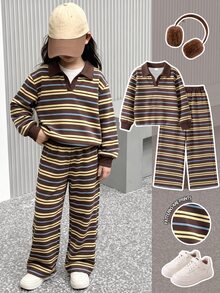 Young Girl 2 Pieces Set Fashion Casual Colorful Striped Print Contrast Color Lapel V-Neck Long Sleeve Sweatshirt And Contrast Striped Print Wide Leg Pants Set, Soft Fabric Suitable For Outings In Autumn/Winter - Multicolor - View 3