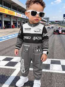 SHEIN Newborn Baby Boy Autumn Winter Sports Casual Colorblock Blue Letter Print Pattern Long Sleeve Romper Racing Romper Blue Romper Baby Boy Romper - Grey - View 3