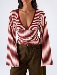 LYSMO Women's Casual Comfortable Red & White Striped V-Neck Long Sleeve Top, Autumn/Winter - Red - View 5