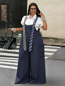 Maweii Plus Size Women's Striped Adjustable Eyelet Buckle Design Wide Leg Overalls - Navy Blue - View 5