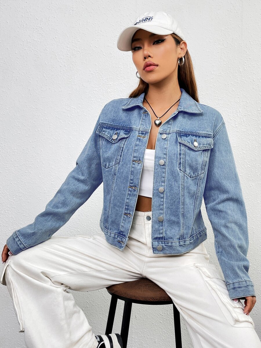 SHEIN EZwear 女款長袖單排扣休閒百搭牛仔夾克 - 淺色水洗藍 - 查看 1