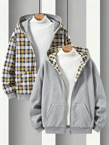 SHEIN 青少年男孩休閒格紋素色雙面可穿連帽秋季外套，正反兩面皆可穿 - 灰色 - 查看 4